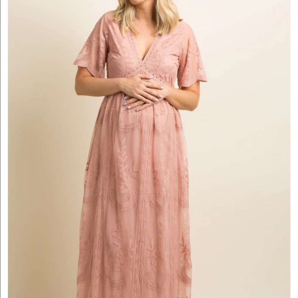 Pink Blush Lace Mesh Overlay Maternity Maxi Dress, Size M
